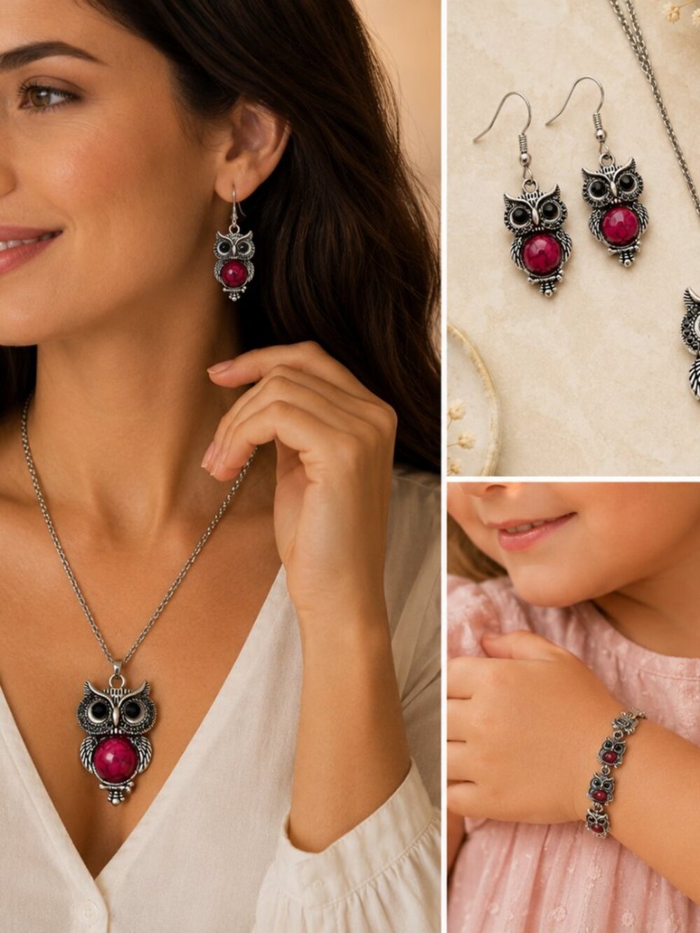 Crackle Owl Necklace Earring Bracelet Set